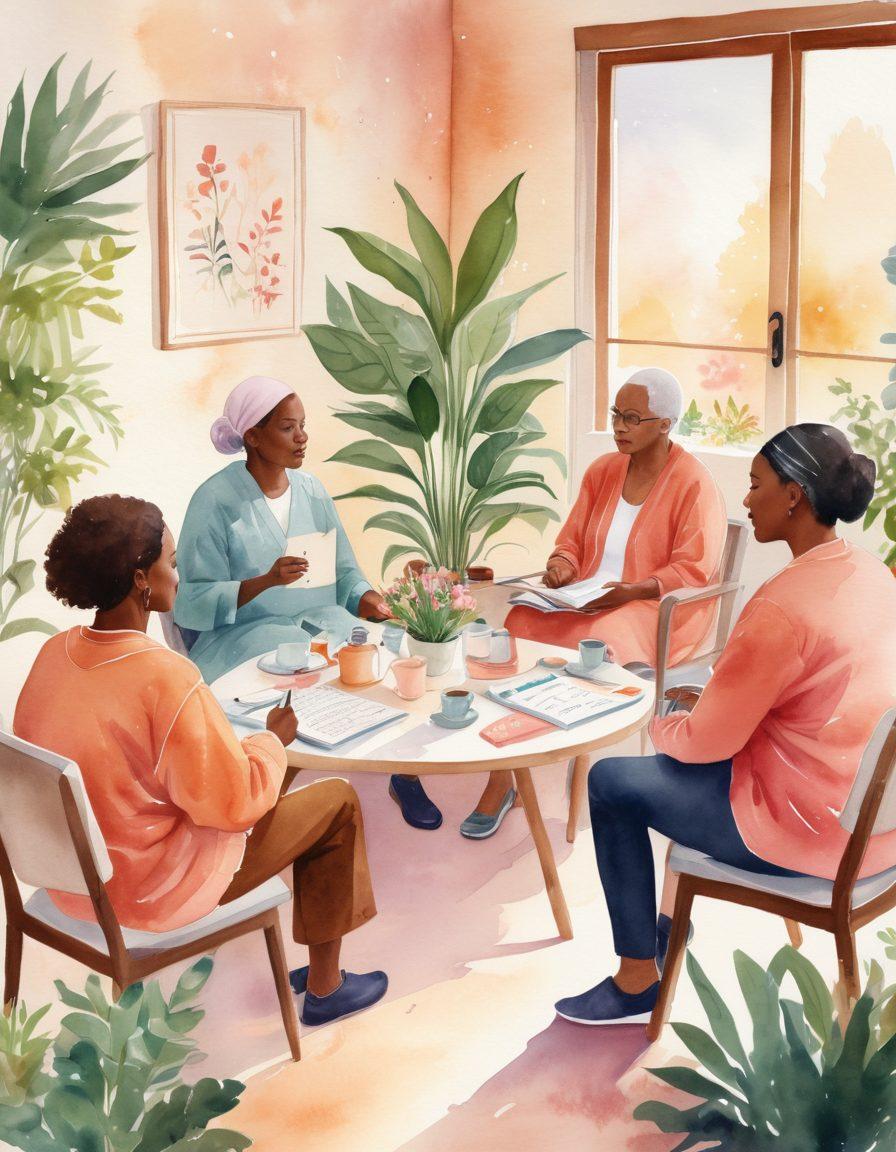 A serene and uplifting scene depicting a support group meeting with diverse patients engaged in discussion, surrounded by plants and soft lighting. Include representations of cancer awareness symbols, clinical trial info graphics in the background, and comforting items like tea and journals on a table. The setting should evoke hope and empowerment. warm colors. subtle watercolor style.