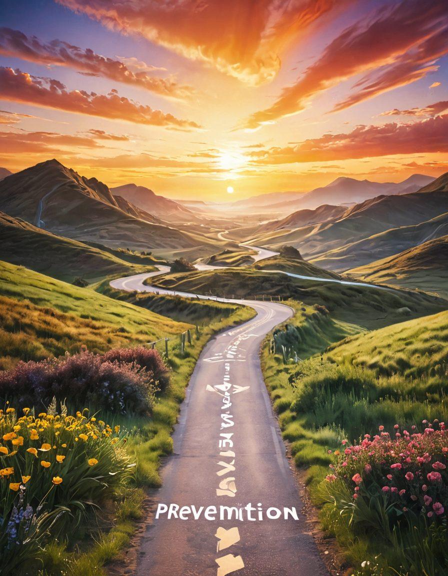 An artistic representation of a winding road symbolizing a cancer treatment journey, with vibrant signposts labeled 'Prevention', 'Support', 'Hope', and 'Healing'. In the background, a serene landscape featuring a sunrise to symbolize hope and new beginnings. A diverse group of people walking together, holding hands, showcasing community support. Super-realistic. Vibrant colors. Soft-focus background.